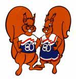 First Paralympic Mascots of 2 squirrels wearing sports kit with the Arnhem 1980 logo