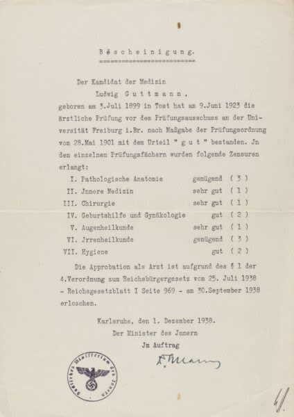 Letter to Ludwig Guttmann preventing him from practicing medicine in Germany in 1938